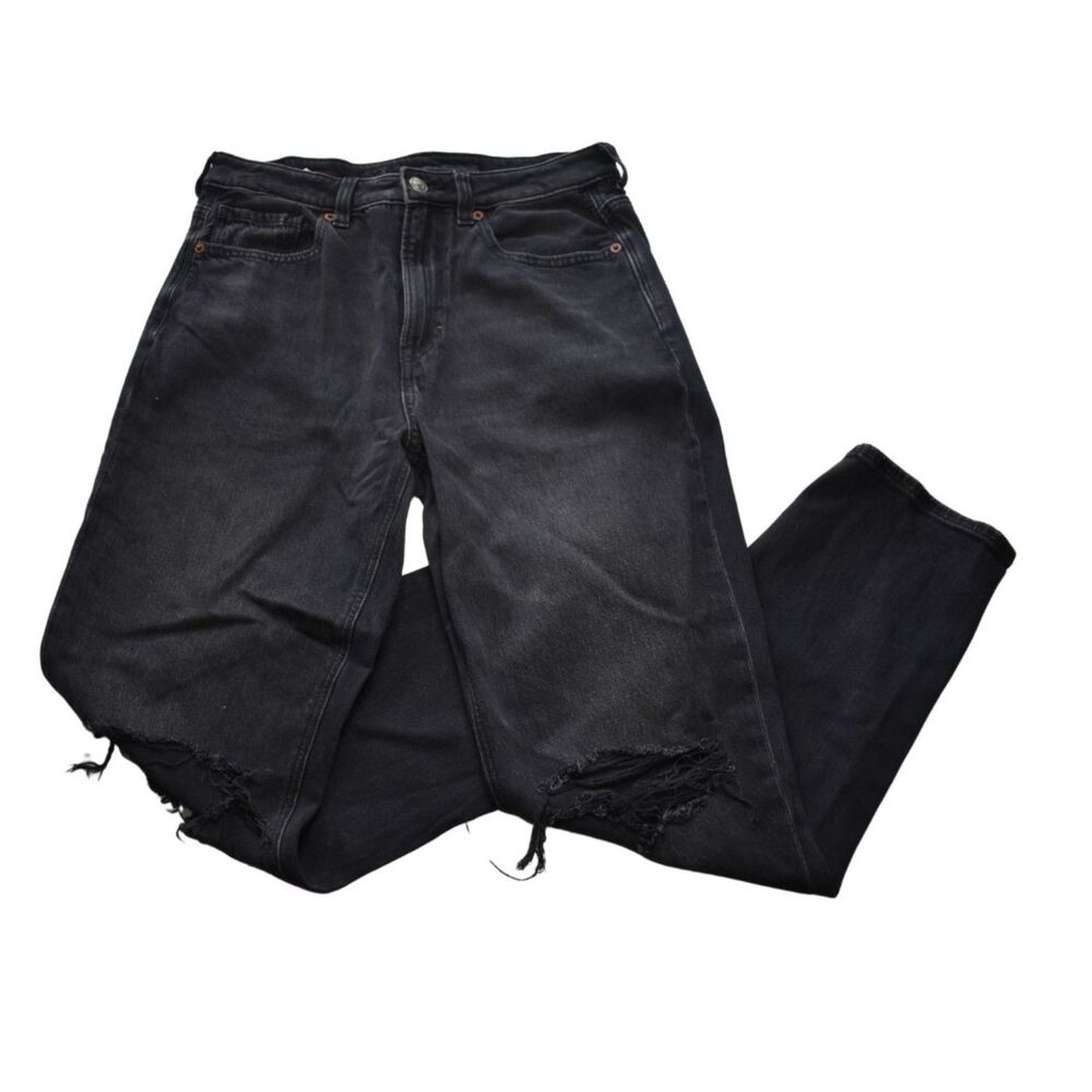American Eagle Mom Jeans Distressed Black Strigid High Rise Womens 6 SHORT
